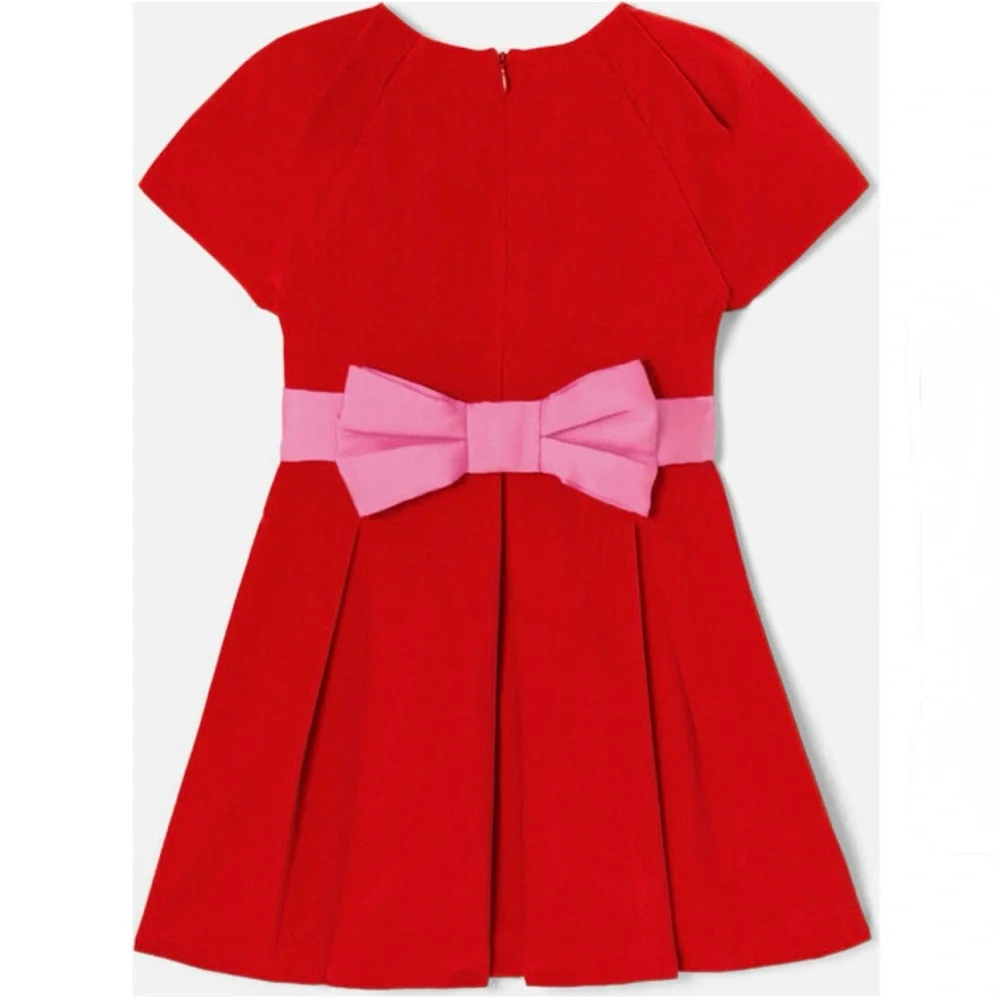 Jacadi Girls Philippine Dark Orange Pleated Velvet Holiday Dress w/ Pink Bow